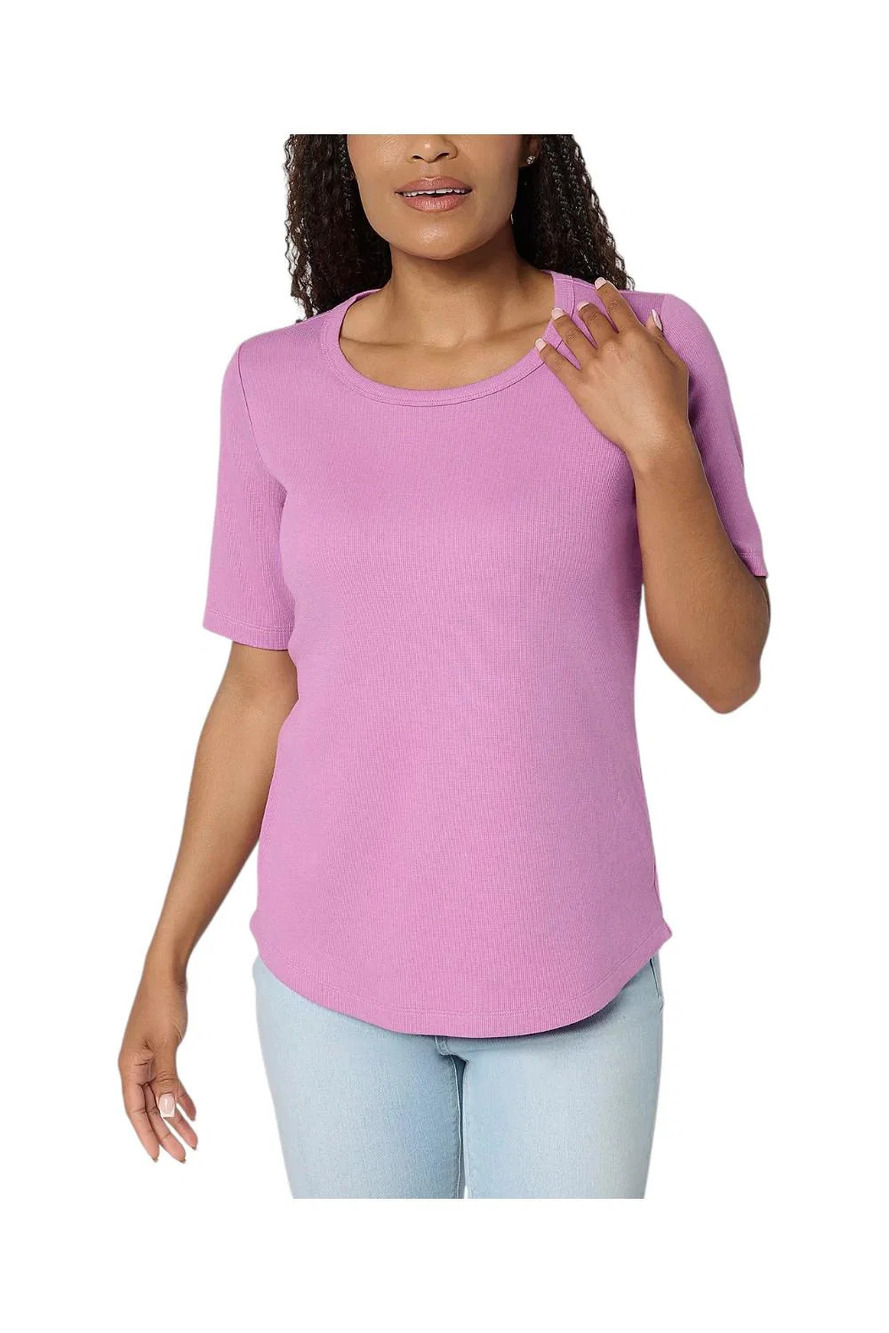 Denim & Co. Essentials Women's Rib Sleeve Scoop Neck Top Wisteria - Regular